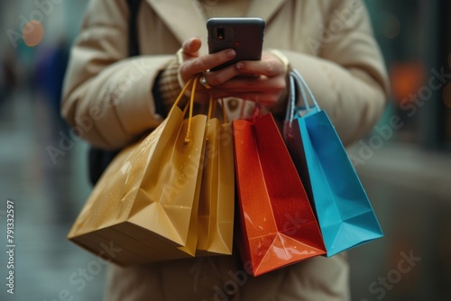 Woman holding several shopping bags and cell phone. Generative AI