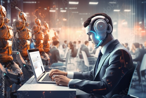 Man wearing headphones using laptop. Generative AI photo