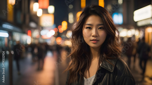Portrait of a beautiful asian woman walking in the city at night