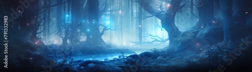 Mysterious forest bathed in ethereal blue light, mist hovering over the ground, fantasy environment photo