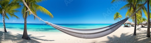 Panoramic view of a serene beach with crystal clear waters, hammocks, and palm trees, ultimate relaxation travel spot