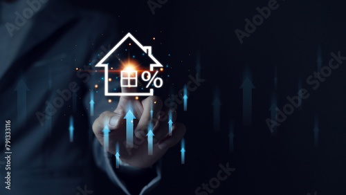 Man touches virtual house icon to analyze home loan and real estate mortgage insurance. interest rate Real estate investment ideas