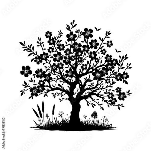 Black Vector Almond Tree Silhouette Amidst the Evening's Embrace, Nature's Elegance Captured- Almond Tree Illustration- Almond tree vector stock.