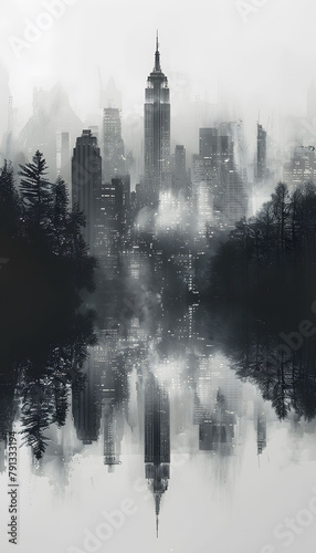 Contemporary style minimalist artwork poster collage illustration of NY city b&w grafic style
