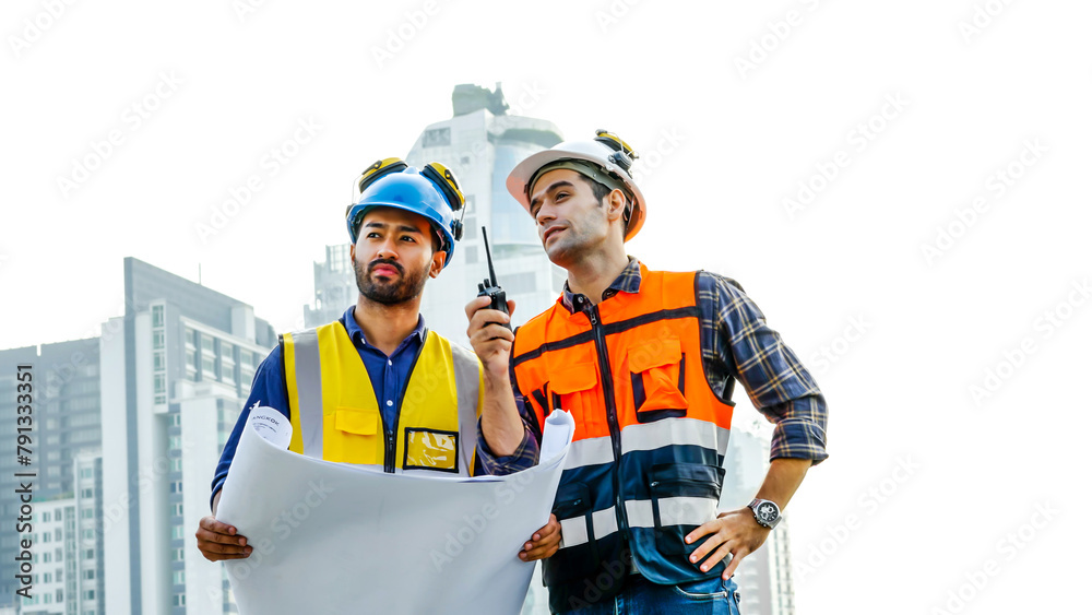 Contractor, Two civil engineers checking information from blueprint with teamwork, project manager planning and collaboration, outdoor construction worker and floor plan for urban development in city Contractor, Two civil engineers checking information from blueprint with teamwork, project manager planning and collaboration, outdoor construction worker and floor plan for urban development in city