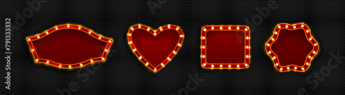 3d red bulb light frame for retro circus show. Casino or cinema marquee signboard for text. Vintage square, heart and circle shape game banner template. Quiz party or lottery led lightbox isolated photo