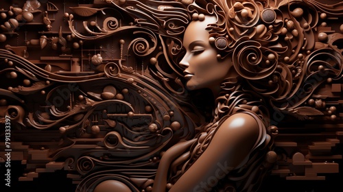 An advertising campaign for a luxury chocolate brand featuring closeup shots of intricate multilayered chocolate sculptures highlighting the textural and dimensional delights of the product photo