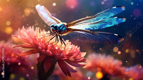 Illustration of a delicate dragonfly perched on a vibrant flower bathed in natural sunlight ideal for environmental themes © Jenjira