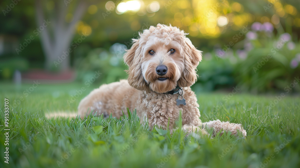 dog in the grass, goldendoodle dog in the grass, goldendoodle