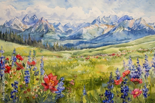 Watercolor landscape with wildflowers and mountains in the background © wanna