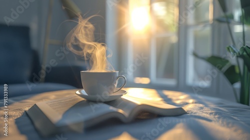 A white cup with steam coming out of it sits on top of a book