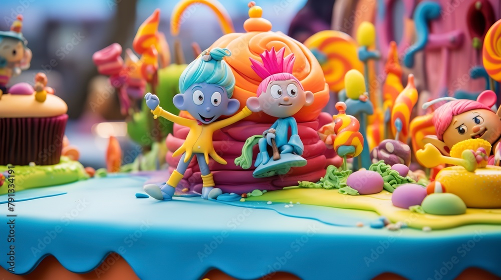 Close-up of a whimsical themed cake with elaborate fondant characters and scenery, on a bright, colorful table. 