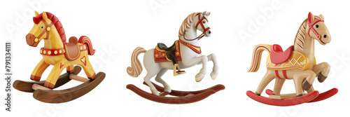 Set of 3D toy rocking horse isolated on a transparent background
