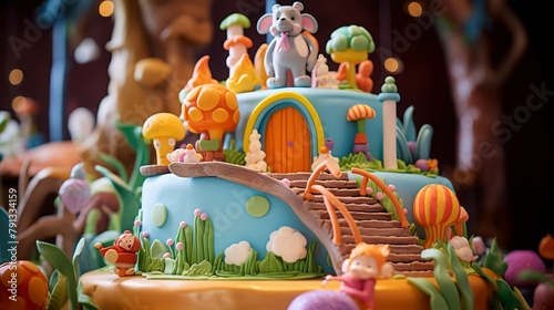 Close-up of a whimsical themed cake with elaborate fondant characters and scenery, on a bright, colorful table. 