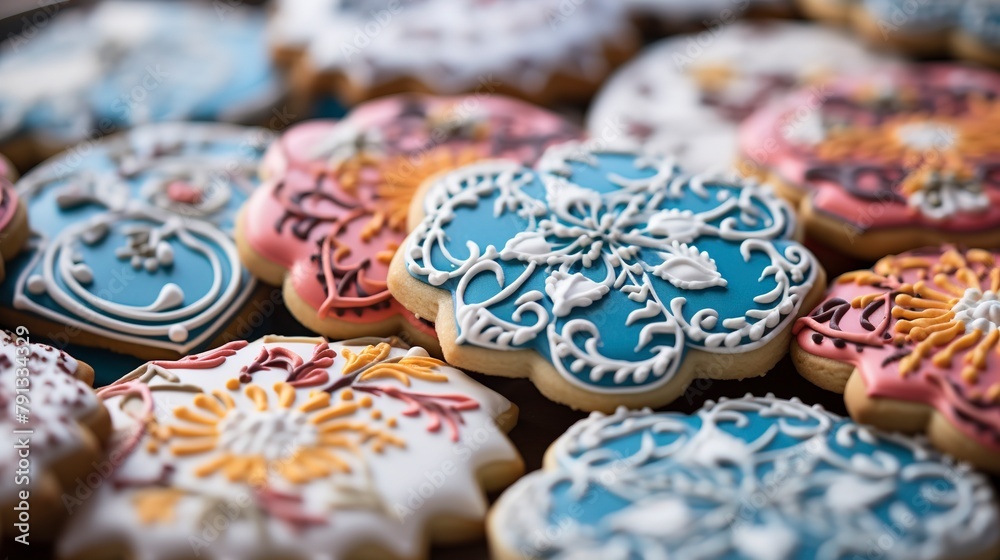 Hand-decorated sugar cookies with royal icing, close-up, featuring intricate designs for a holiday, on a light background.