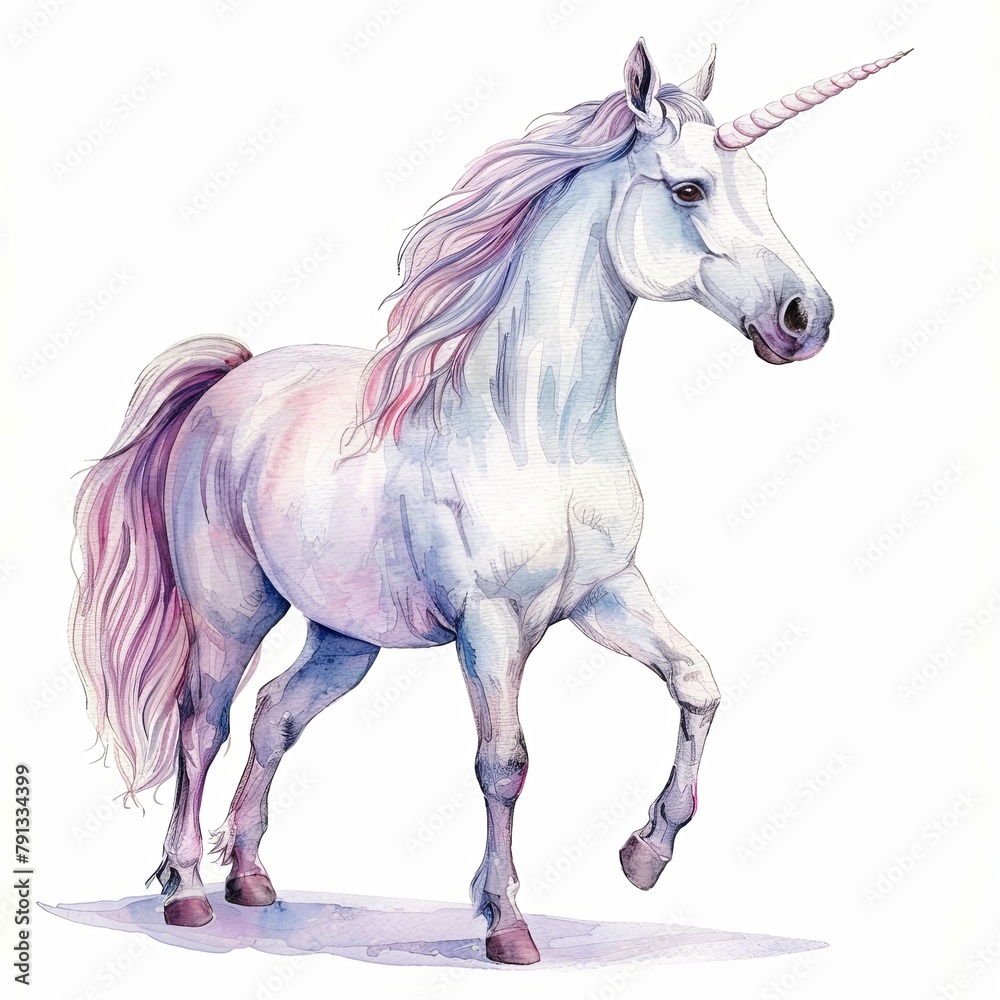 Watercolor painting of a unicorn isolated on white background