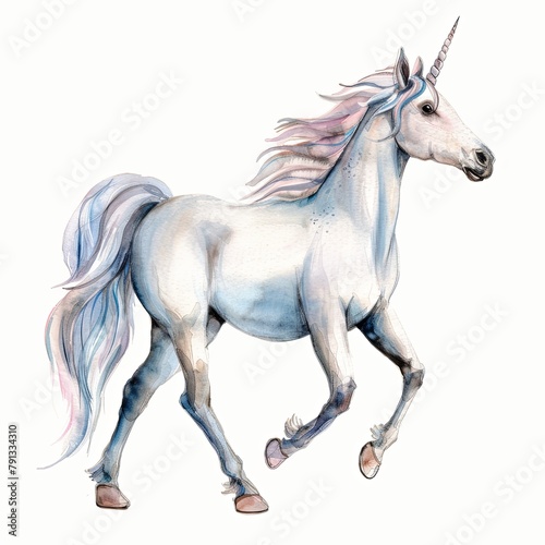 Watercolor painting of a white unicorn isolated on white background