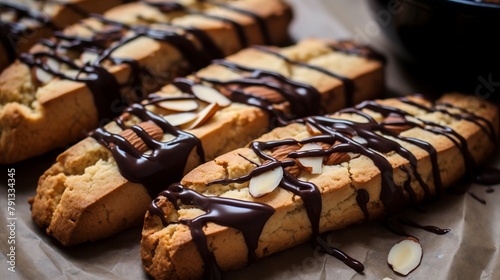 Almond biscotti dipped in dark chocolate, close-up, with a focus on the chocolate drizzle and almond pieces, on wax paper. 