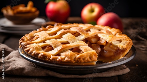 Close-up of a classic apple pie with a golden lattice crust, showcasing the juicy apple filling, on a rustic wooden table. 