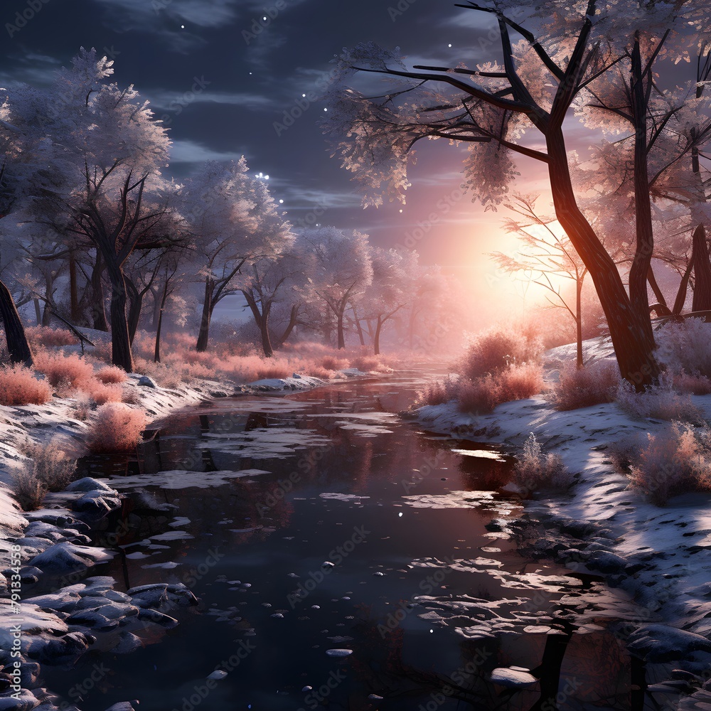 Fantasy winter landscape with frozen river and trees at sunset. 3d illustration