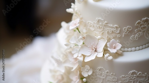 Elegant wedding cake with delicate sugar flowers, close-up, highlighting the intricate details, on a lace tablecloth. 
