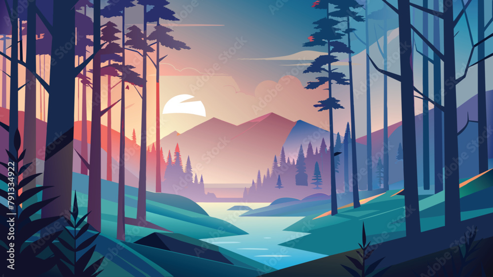 Landscape vector illustration of foggy forest in morning. Misty mountains, Trees, River, Road, Moon