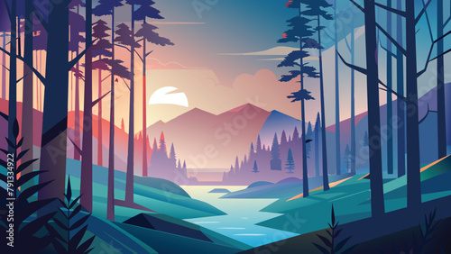 Landscape vector illustration of foggy forest in morning. Misty mountains, Trees, River, Road, Moon