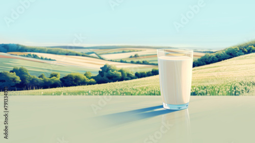 Single Glass of Milk in Rural Countryside Setting with Rolling Hills illustration