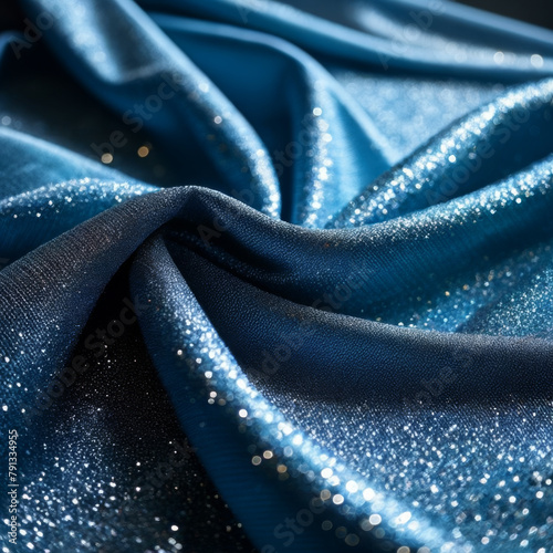 macro texture of blue satin fabric with glittering sequins