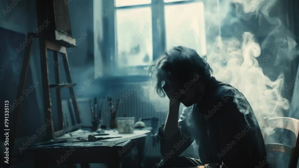 In a dimly lit room filled with smoke, a person sits crouched over with their head in their hands. Light streams in from a window, but the person appears in despair. In a dimly lit room filled with smoke, a person sits crouched over with their head in their hands. Light streams in from a window, but the person appears in despair.