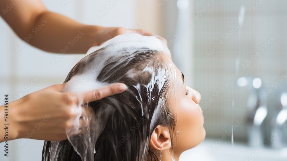 Naklejka premium Pleasured woman enjoys head massage taking foamy bath in spa salon closeup. Smiling young lady undergoes body pampering procedures with specialist at resort. Relaxation and recreation treatment