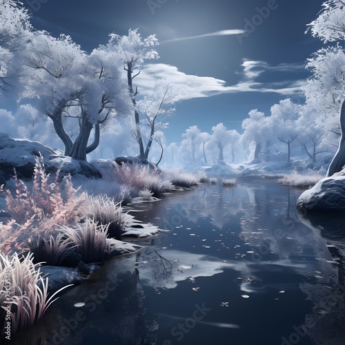 Fantasy landscape with a frozen river and trees. 3d rendering