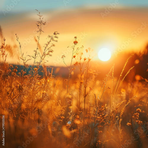A sunlit meadow stretches endlessly, the golden grass swaying gently in the breeze, a serene expanse under the warm embrace of sunlight © DINH