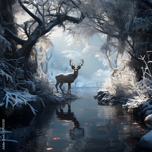 Deer on the river in winter forest. 3d rendering.