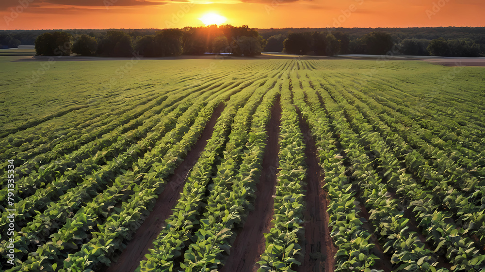 Soybean field at sunset