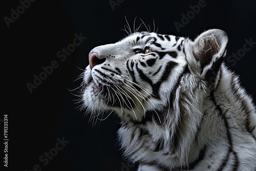 Profile of Bengal white tiger on a black background photo