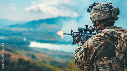 Soldier with prosthetic arm practicing shooting at range with panoramic view for training photo