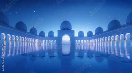 A minimalist depiction of a quiet courtyard within a mosque, bathed in soft moonlight under a starry night sky, creating a peaceful ambiance for prayer and reflection.