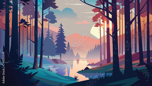 Landscape vector illustration of foggy forest in morning. Misty mountains, Trees, River, Road, Moon