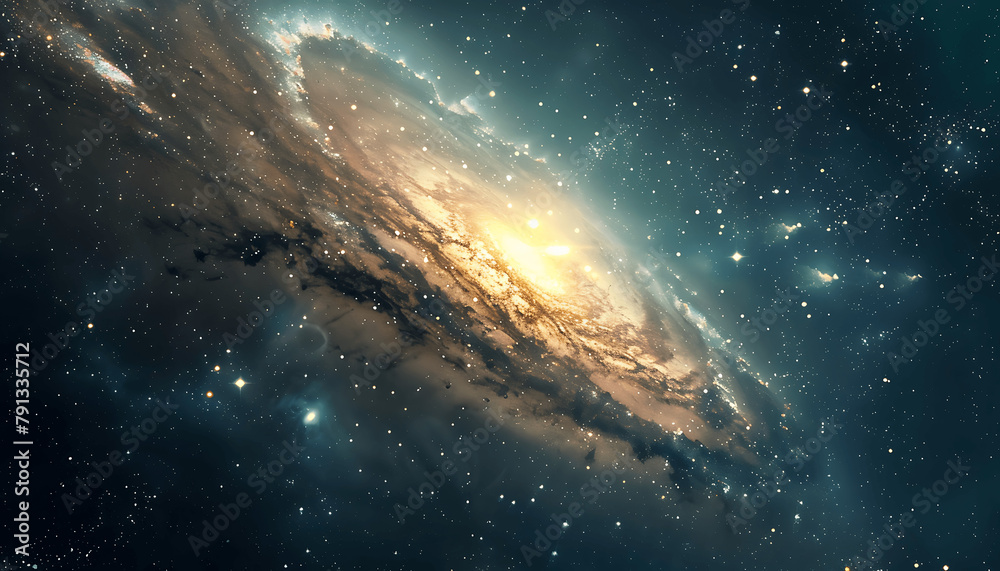A spiral galaxy with a bright yellow center. The galaxy is filled with stars and dust, and the yellow center is surrounded by a blue and white halo. Concept of wonder and awe at the vastness