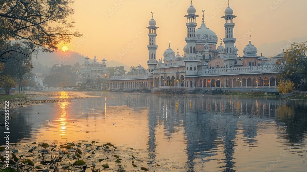 Fototapeta premium A tranquil depiction of a peaceful river flowing gently past a mosque's courtyard at dusk.