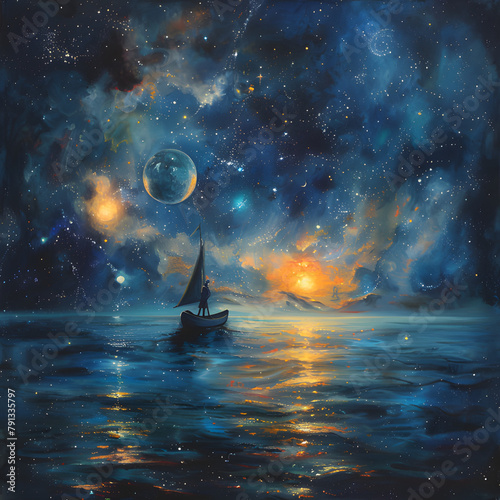A ship sailing under the moonlit night on the tranquil sea.