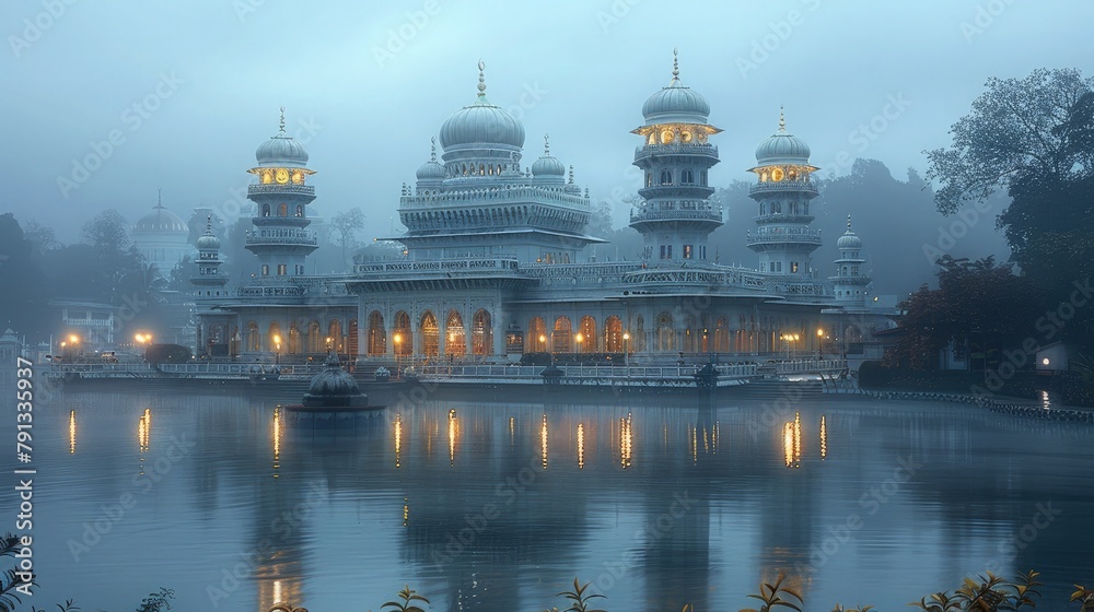 Obraz premium The serene beauty of a mosque's domes and minarets reflected in the still waters of a tranquil lake at twilight, evoking a sense of inner peace and spiritual harmony.