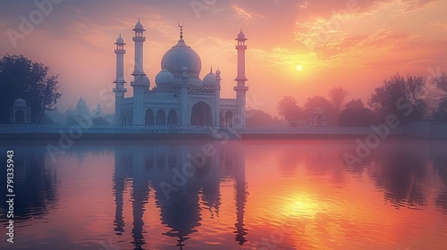 The serene beauty of a mosque's domes and minarets reflected in the still waters of a tranquil lake at twilight, evoking a sense of inner peace and spiritual harmony.