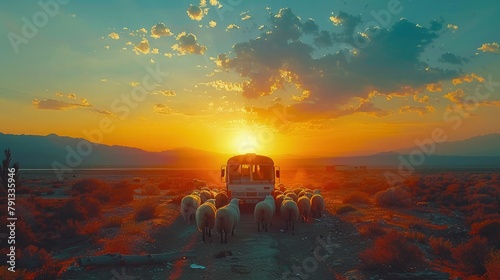 The silhouette of a herd of sheep against the backdrop of a vibrant sunset sky, symbolizing the sacrificial animals prepared for Eid al-Adha celebrations. photo