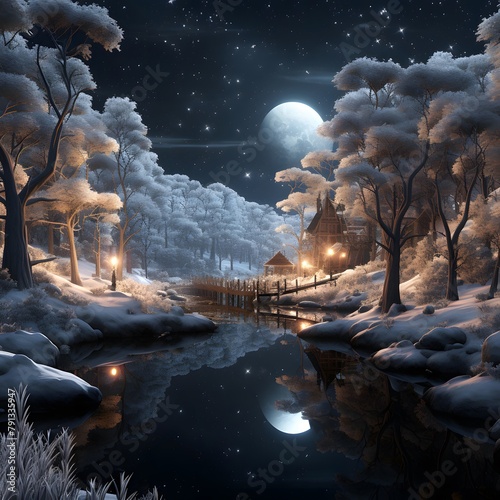 Winter landscape with snowy trees, river and moon. 3D rendering
