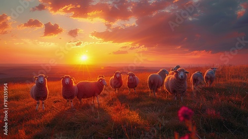 The silhouette of a herd of sheep against the backdrop of a vibrant sunset sky, symbolizing the sacrificial animals prepared for Eid al-Adha celebrations.