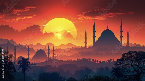 The silhouette of a mosque's minaret against the rising sun in a serene desert landscape, symbolizing the dawn of a new day filled with tranquility and spiritual awakening.