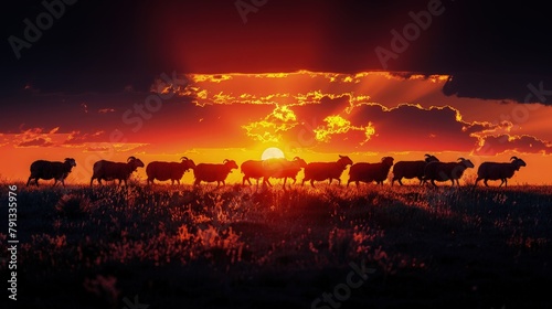 The silhouette of a herd of sheep against the backdrop of a vibrant sunset sky, symbolizing the sacrificial animals prepared for Eid al-Adha celebrations. © pengedarseni