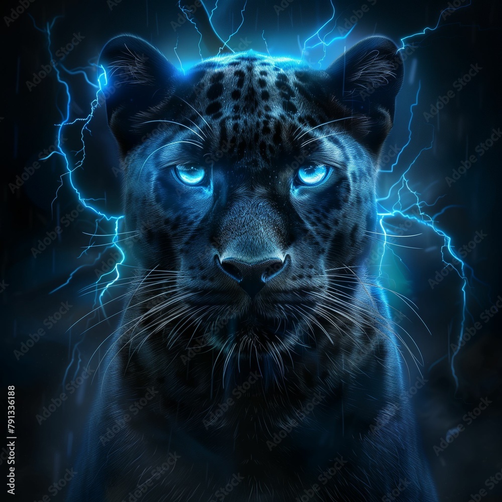 Majestic Blue Panther with Electric Eyes in Dark Storm